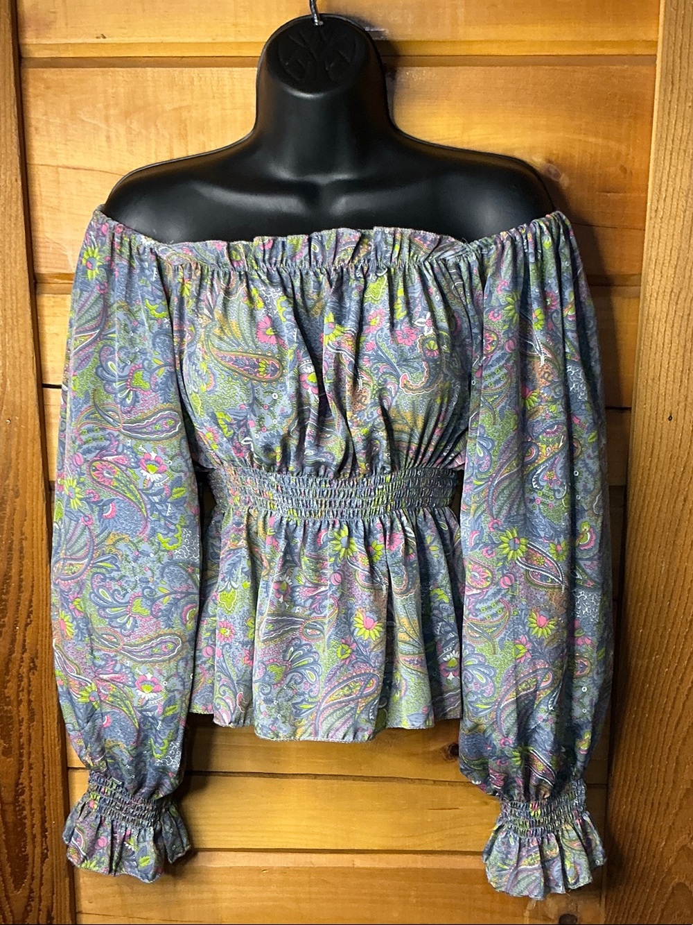 Kathmandu Imports Smocked Paisley Peplum Blouse-Size M Long Ballon Sleeve